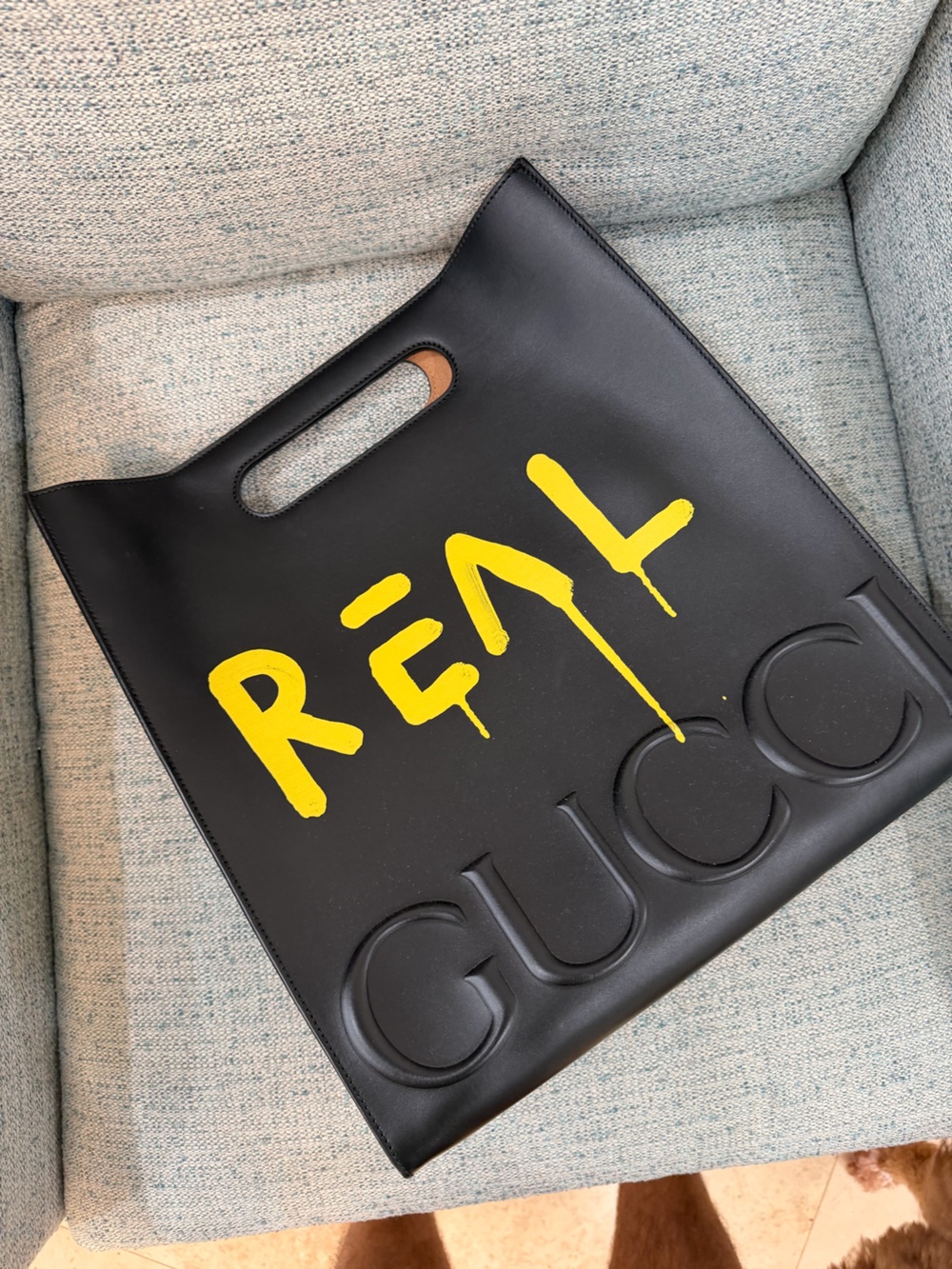 Gucci Black Leather Tote with Yellow 'REAL' Graphic